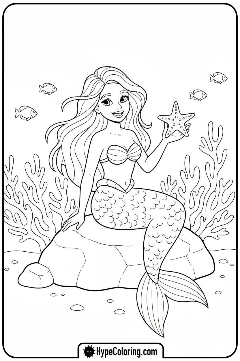 mermaid-sitting-on-rock-with-starfish - mermaid coloring pages printable