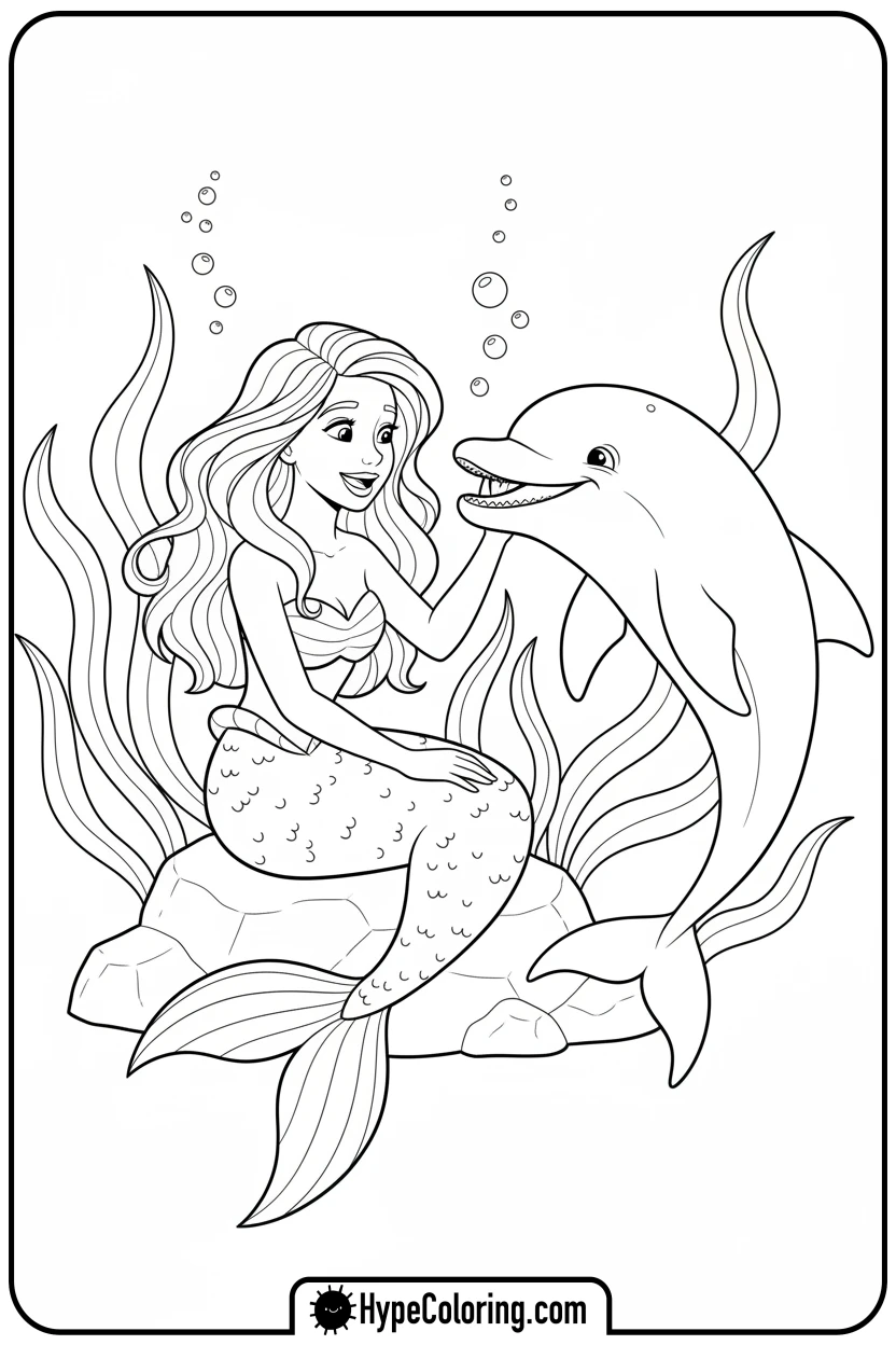 mermaid-talking-to-a-friendly-dolphin - mermaid coloring pages printable