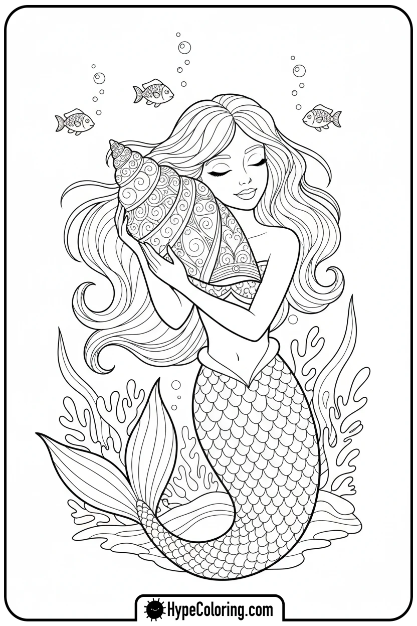 mermaid-listening-to-a-conch-shell - mermaid coloring pages printable