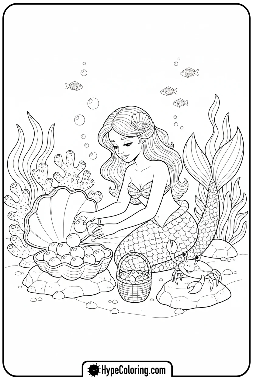 mermaid-collecting-pearls-from-clam - mermaid coloring pages printable