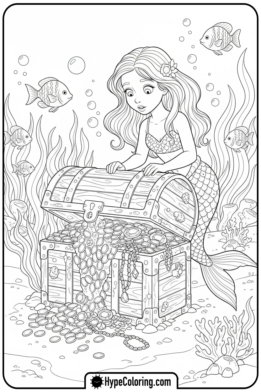 mermaid-peeking-into-treasure-chest - mermaid coloring pages printable