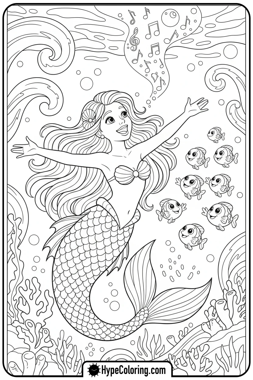 mermaid-singing-with-musical-notes - mermaid coloring pages printable