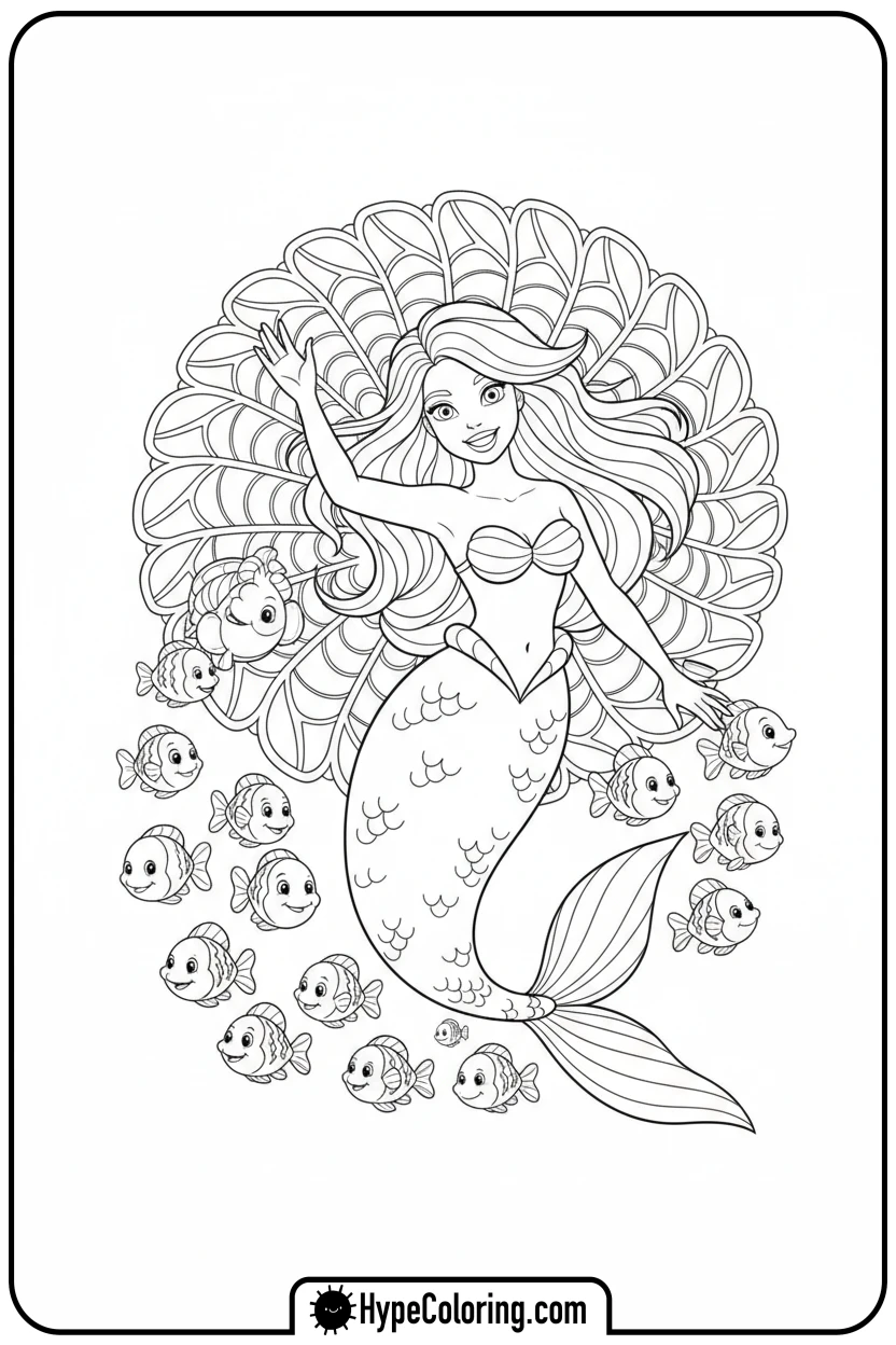 mermaid-waving-to-school-of-fish - mermaid coloring pages printable