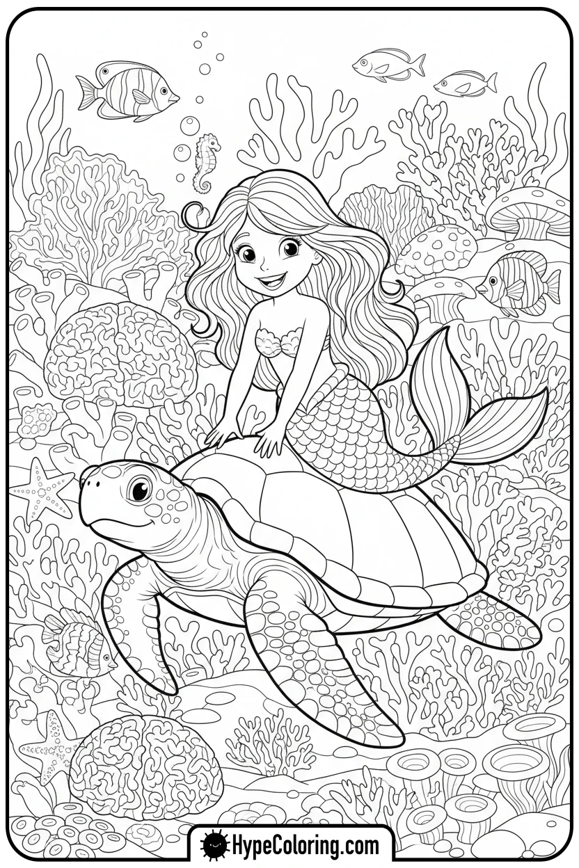 mermaid-riding-a-sea-turtle - mermaid coloring pages printable