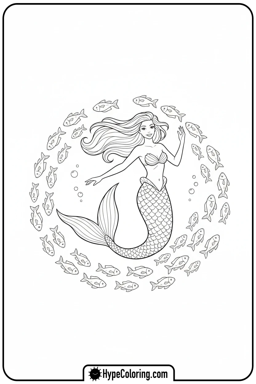 mermaid-dancing-with-swirling-fish - mermaid coloring pages printable