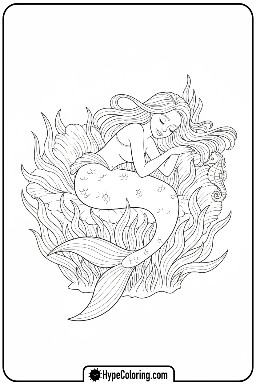 mermaid-sleeping-on-seaweed-bed - mermaid coloring pages printable