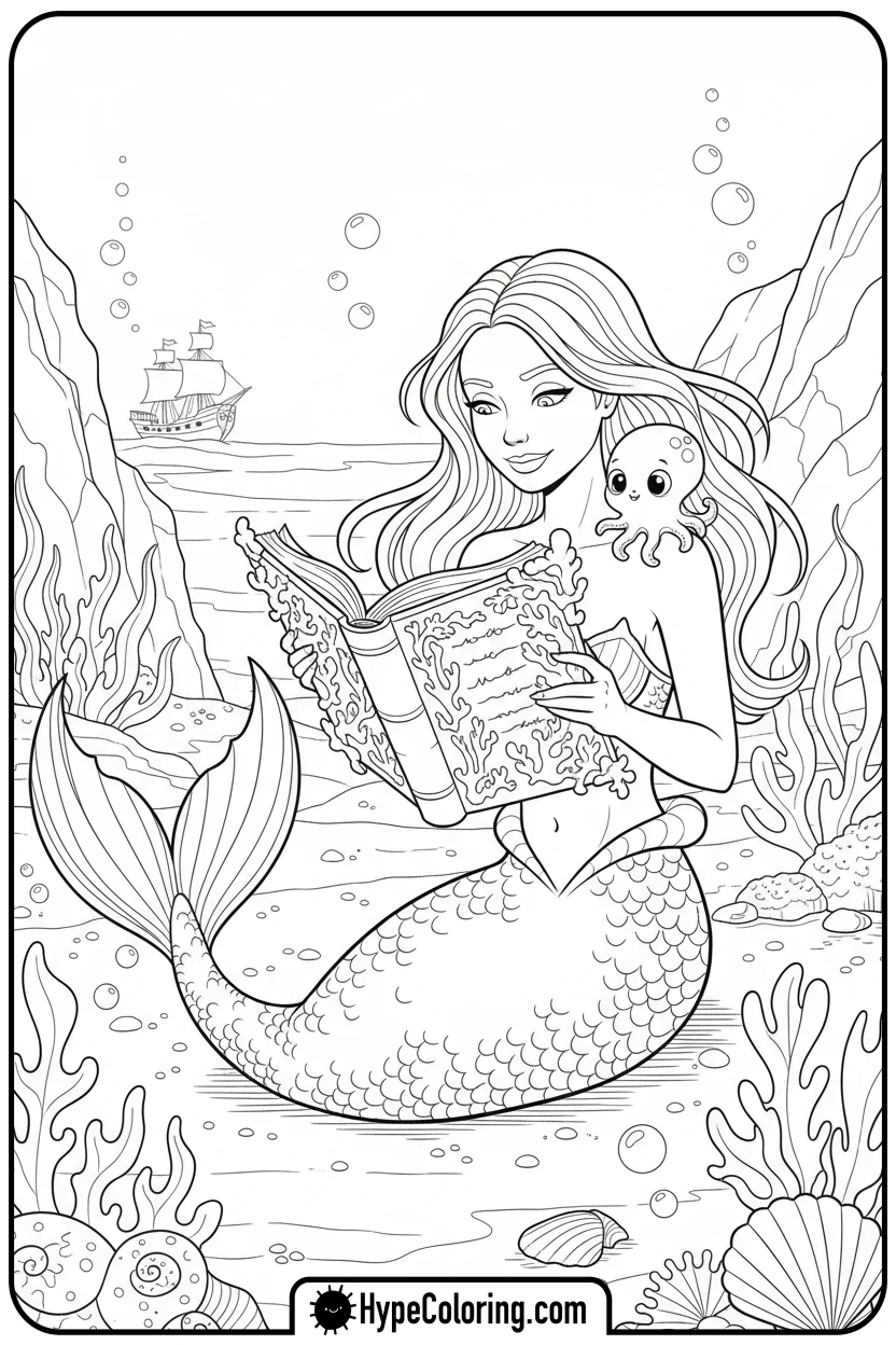 mermaid-reading-a-book-to-octopus - mermaid coloring pages printable