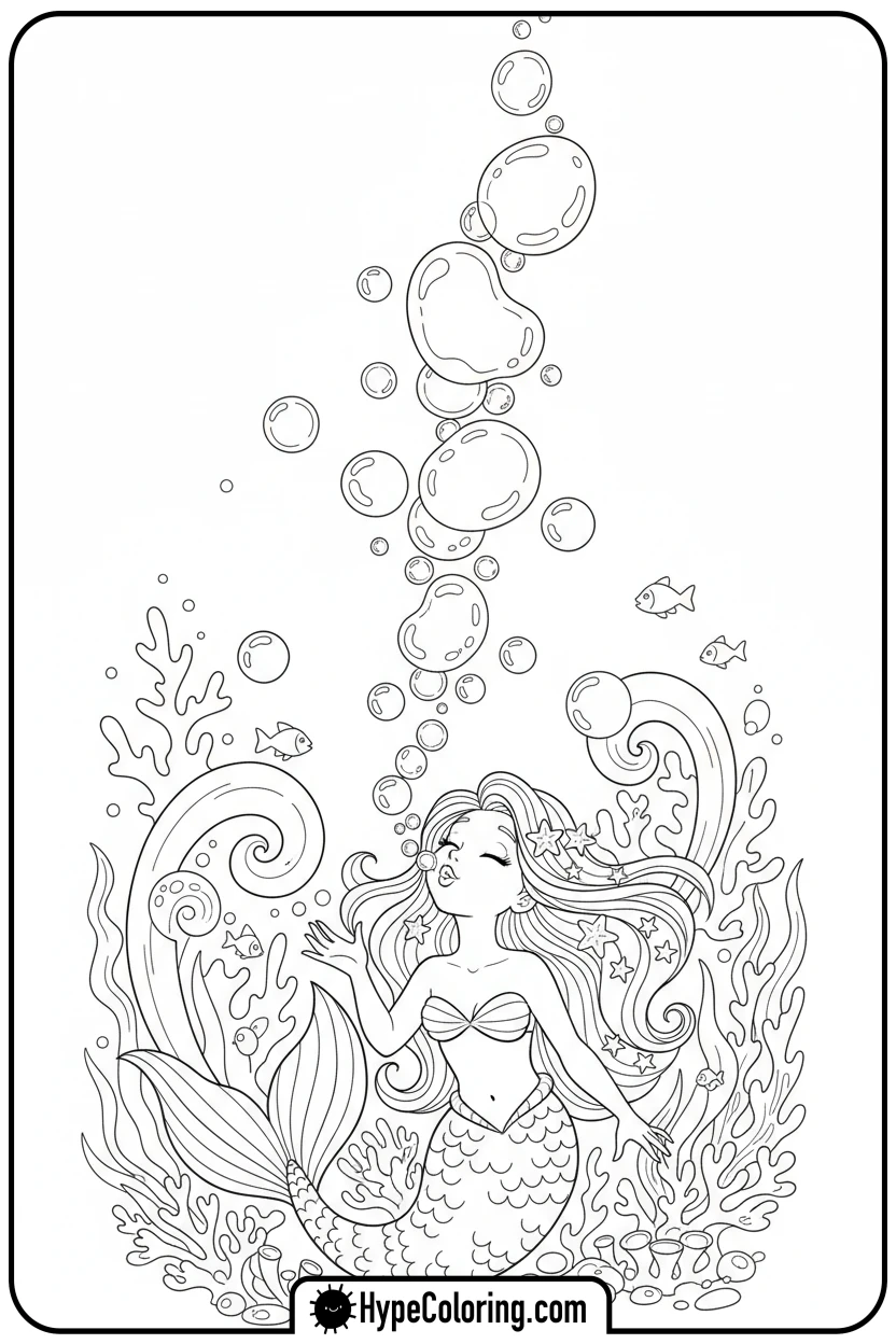 mermaid-blowing-bubbles-playfully - mermaid coloring pages printable