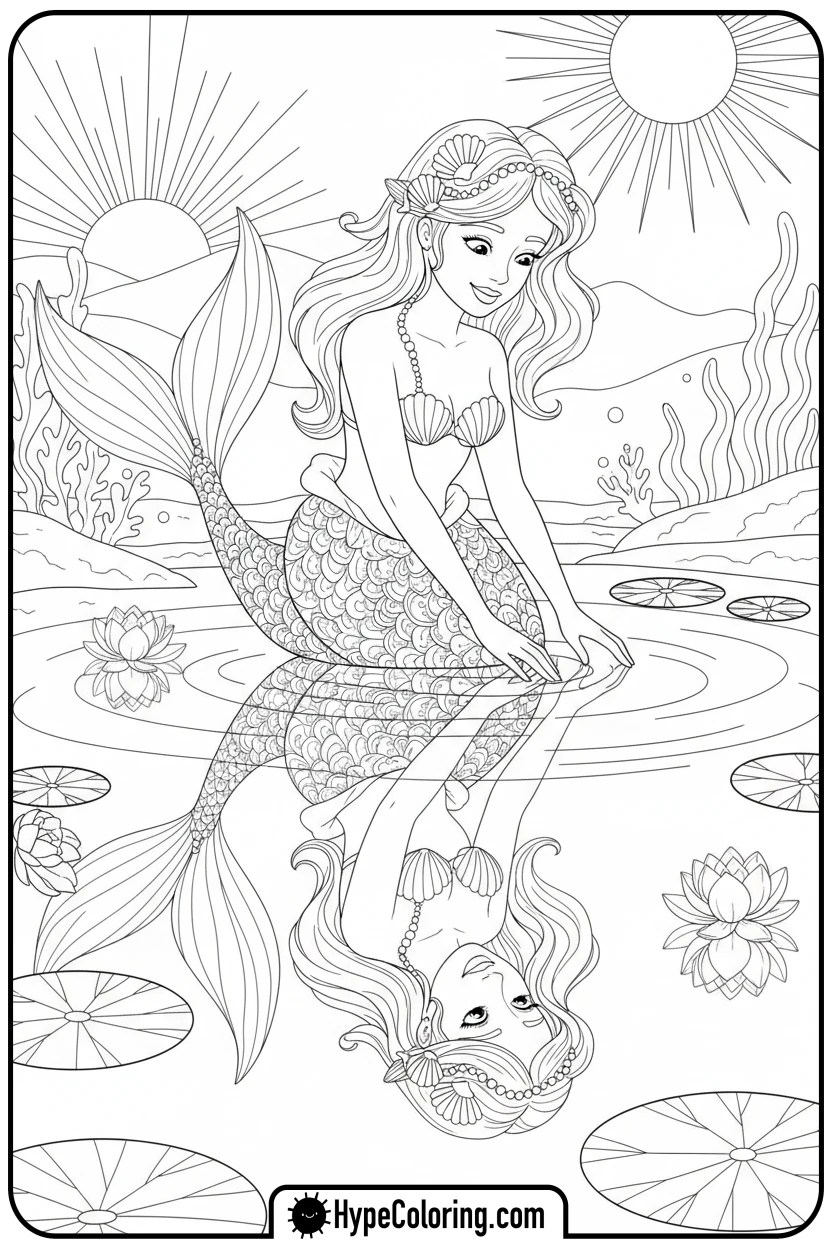 mermaid-looking-at-her-reflection - mermaid coloring pages printable