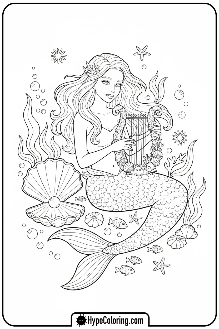 mermaid-playing-a-shell-harp - mermaid coloring pages printable