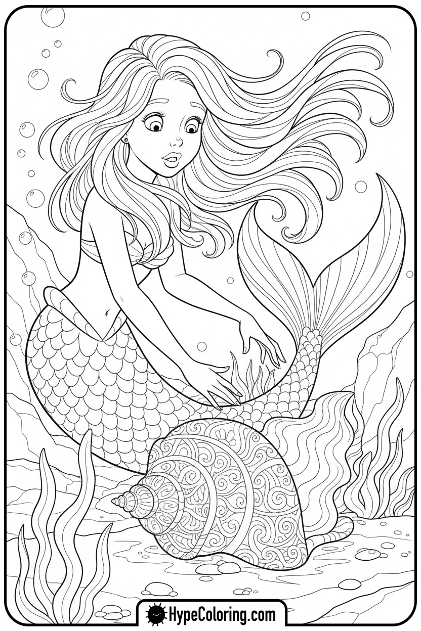 mermaid-discovering-glowing-seashell - mermaid coloring pages printable