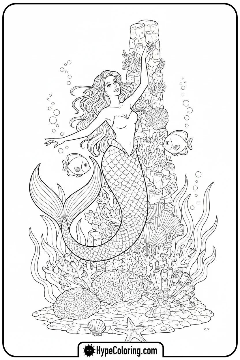 mermaid-swirling-tail-around-coral - mermaid coloring pages printable