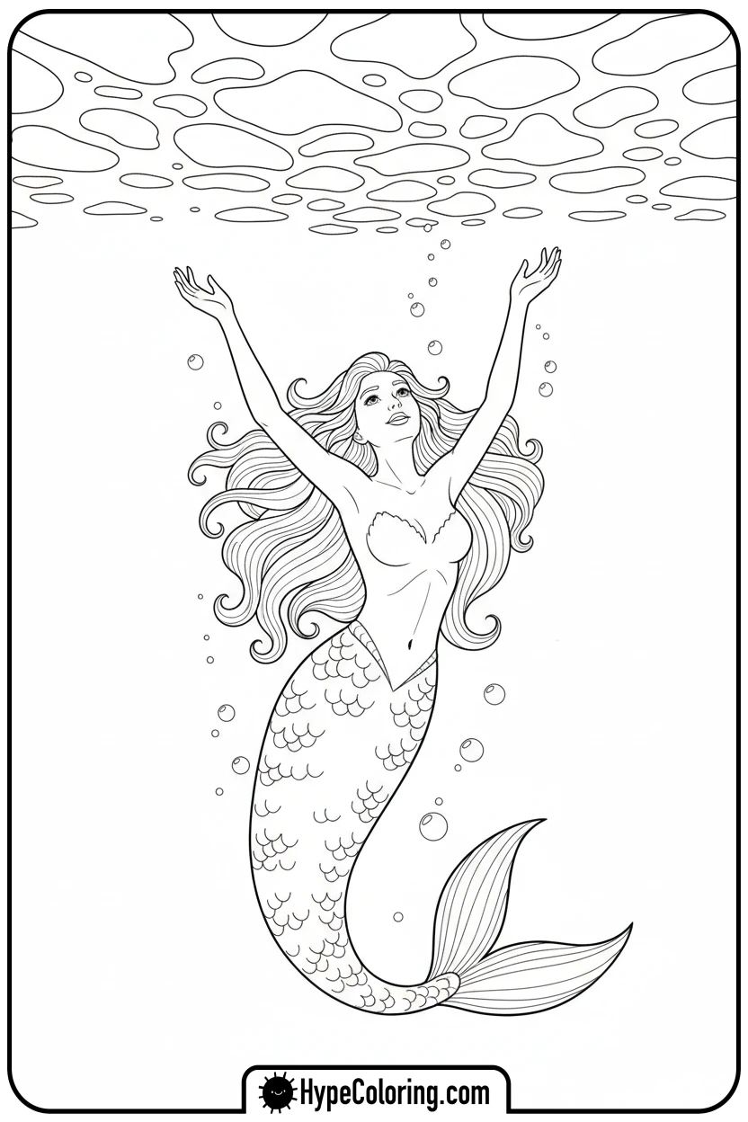 mermaid-rising-to-ocean-surface - mermaid coloring pages printable