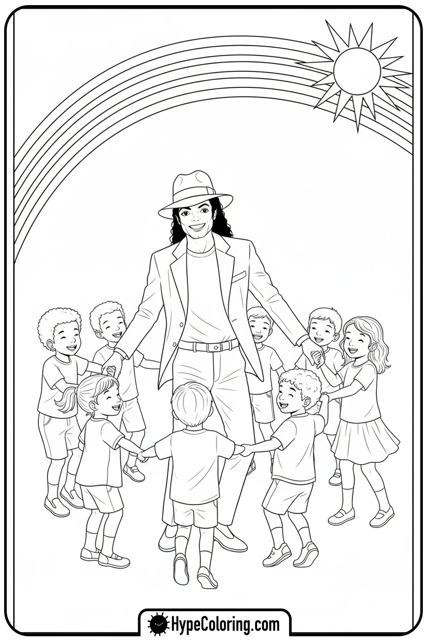 mj-dancing-with-children-under-rainbow - michael jackson coloring pages