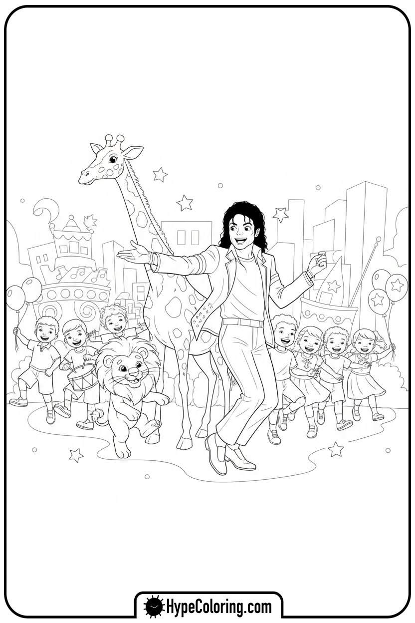mj-leading-a-parade-of-children-and-animals - michael jackson coloring pages