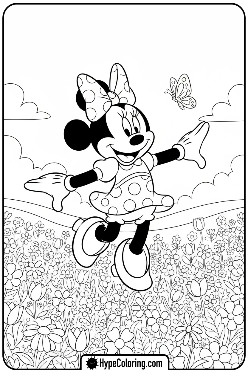 Click to download PDF minnie-mouse-skipping-in-flowers - minnie mouse printable coloring pages