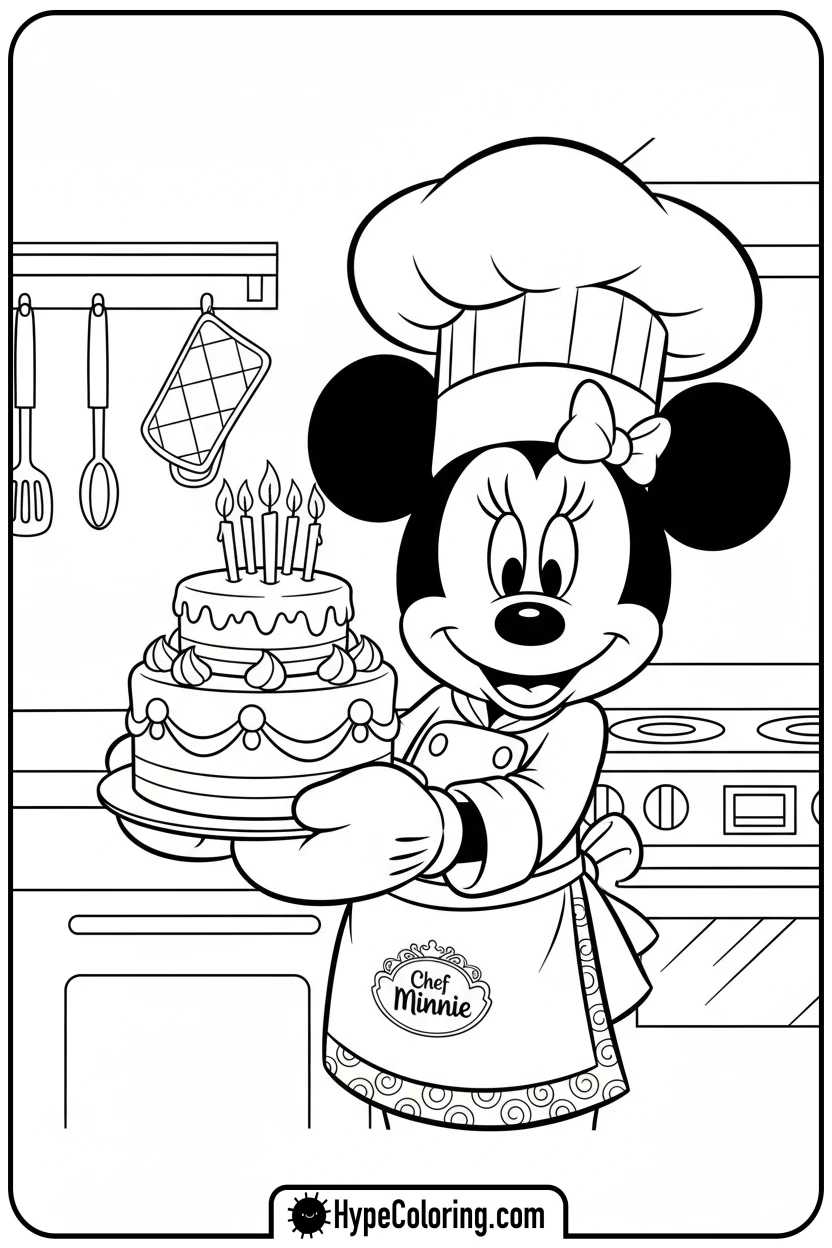 Click to download PDF minnie-mouse-baking-a-cake - minnie mouse printable coloring pages