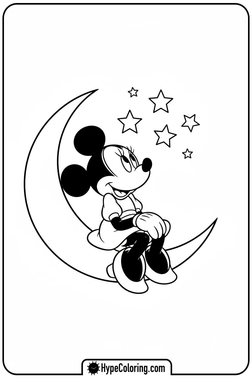 Click to download PDF minnie-mouse-on-moon-stargazing - minnie mouse printable coloring pages
