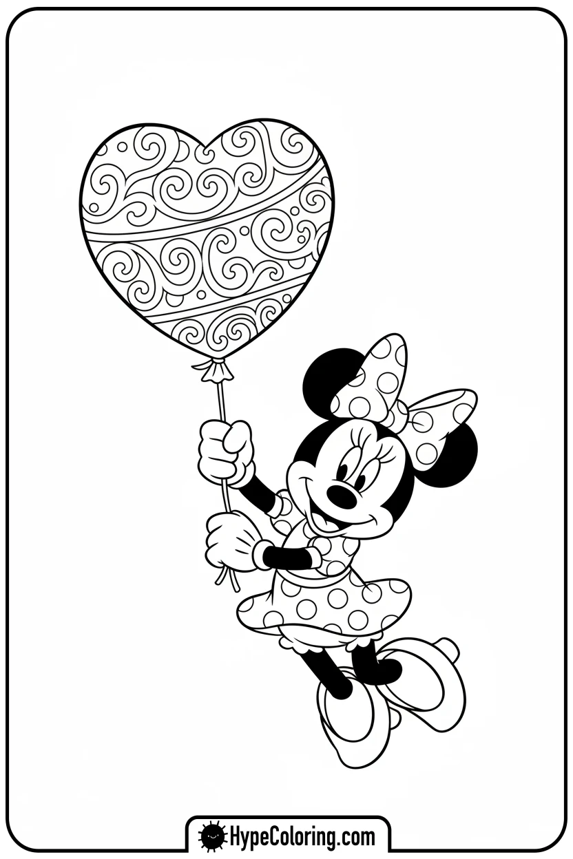 Click to download PDF minnie-mouse-with-heart-balloon - minnie mouse printable coloring pages