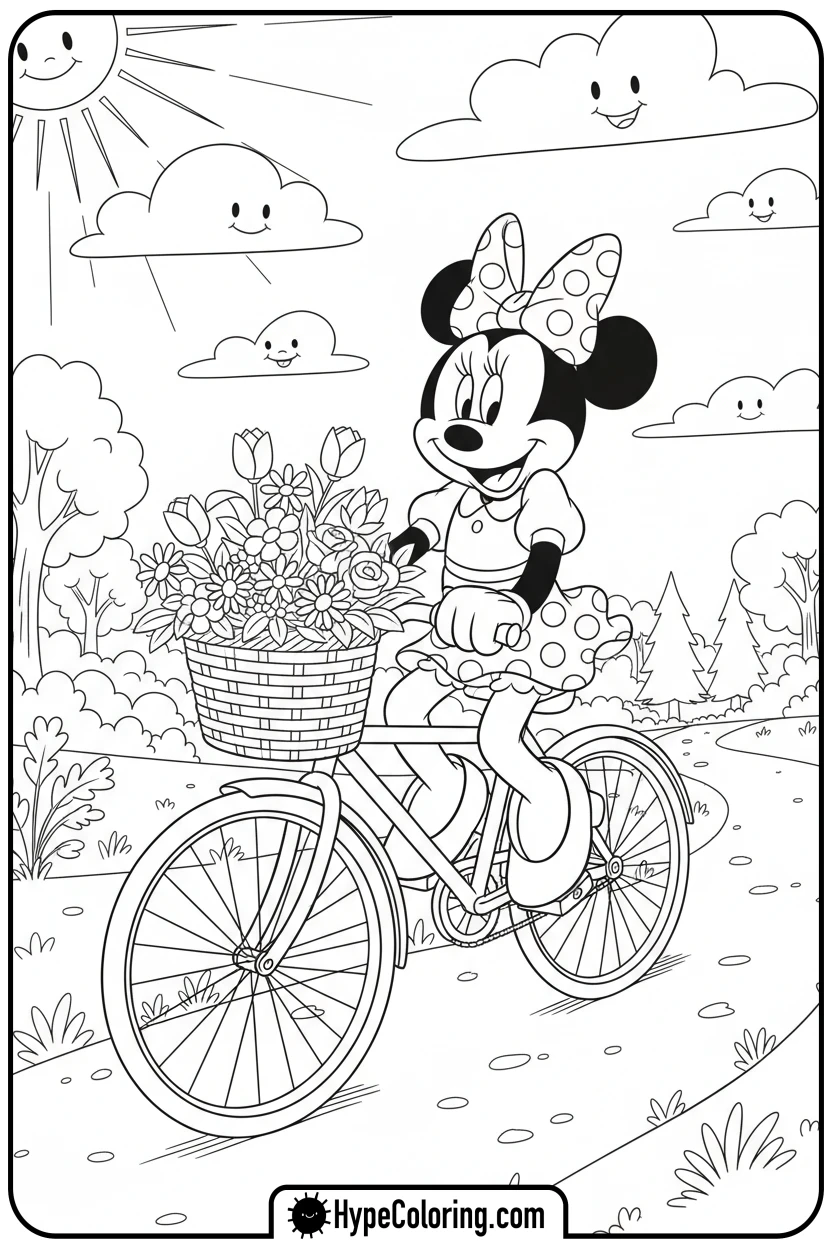 Click to download PDF minnie-mouse-riding-a-bike - minnie mouse printable coloring pages