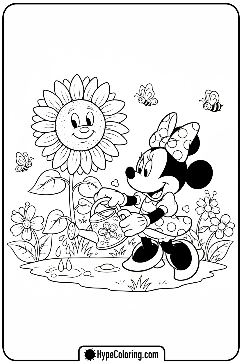 Click to download PDF minnie-mouse-watering-sunflower - minnie mouse printable coloring pages