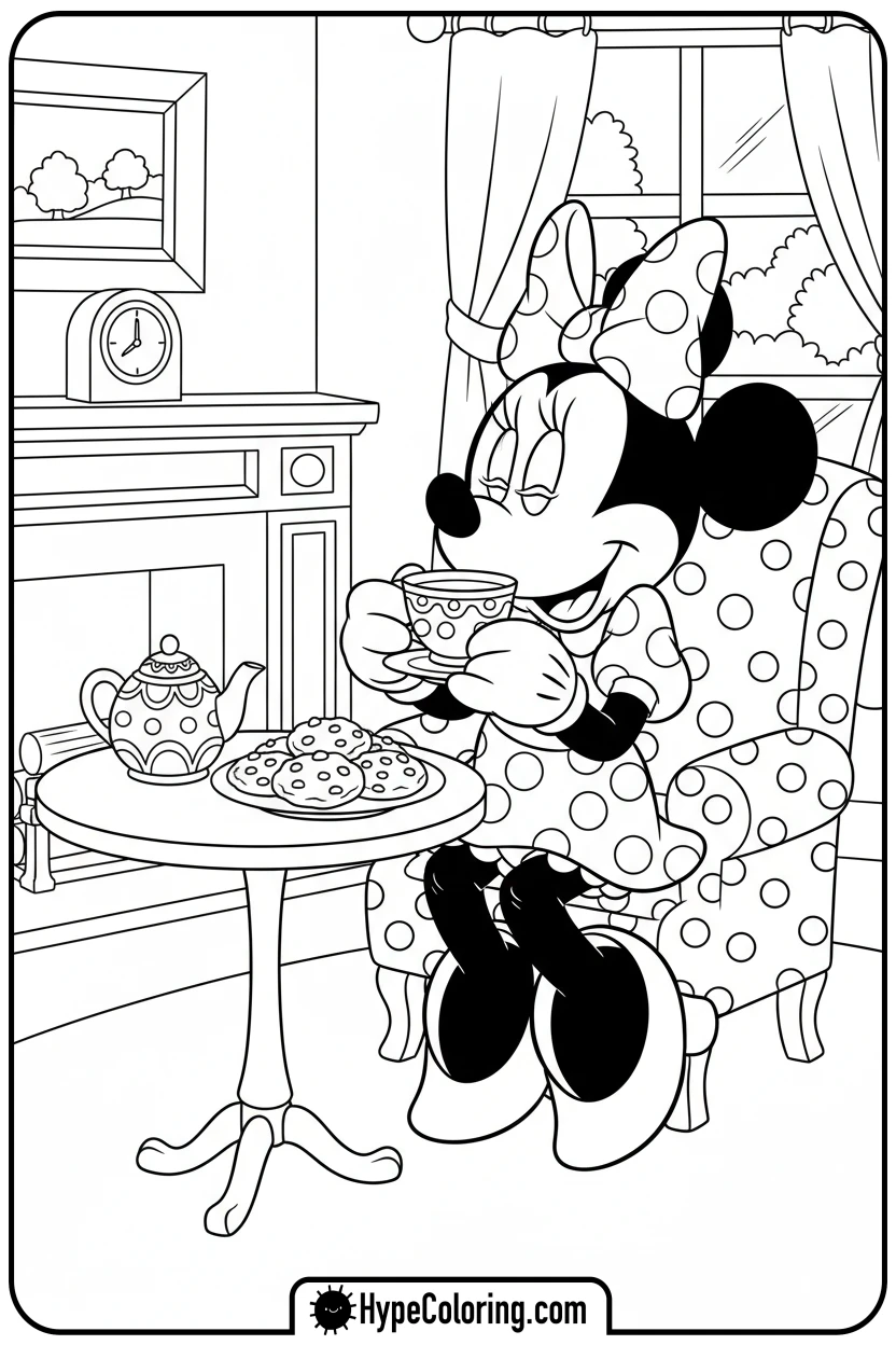 Click to download PDF minnie-mouse-having-tea - minnie mouse printable coloring pages
