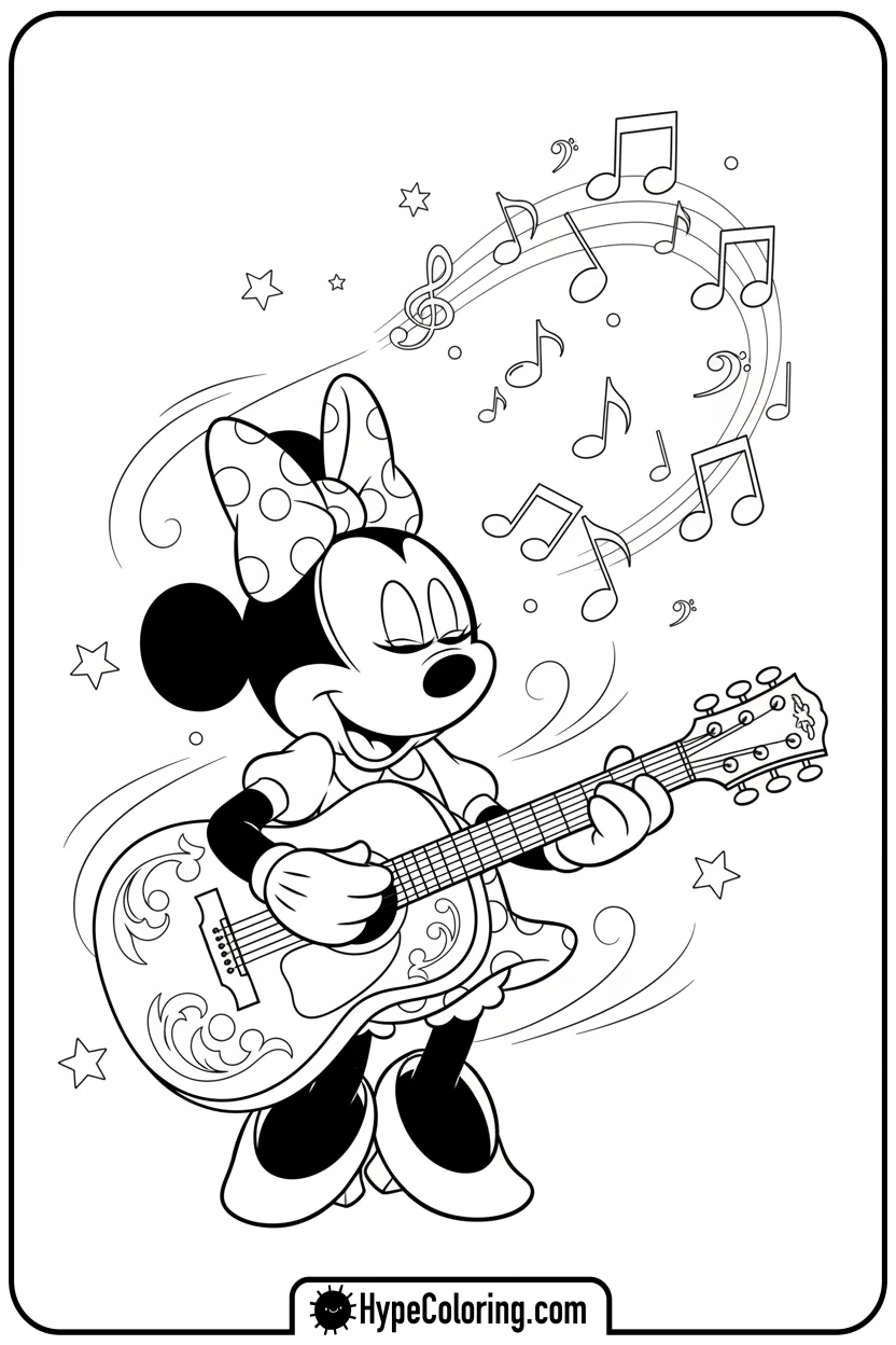 Click to download PDF minnie-mouse-playing-guitar - minnie mouse printable coloring pages