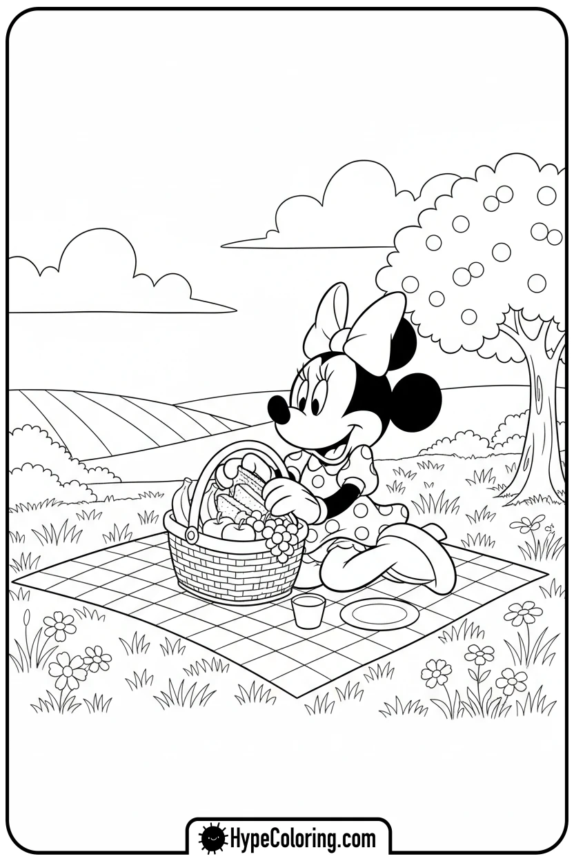Click to download PDF minnie-mouse-on-a-picnic - minnie mouse printable coloring pages