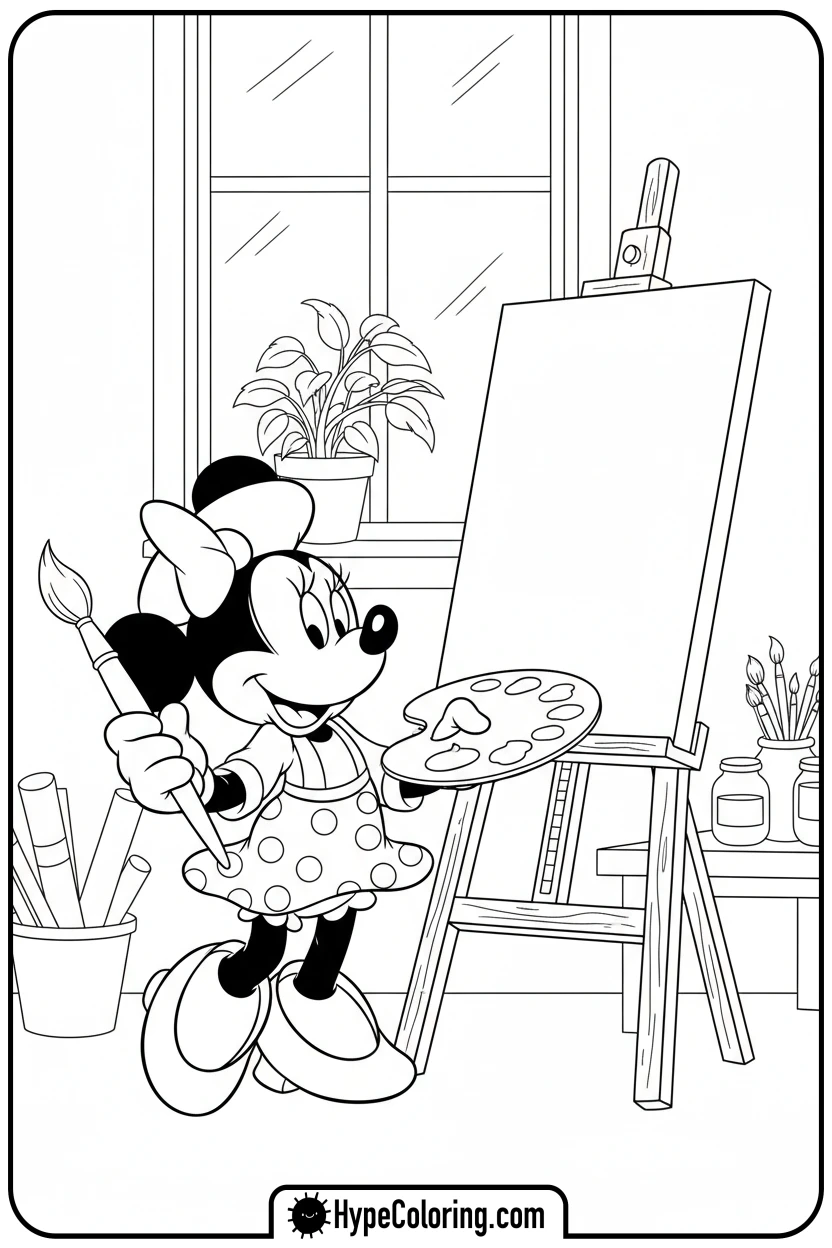 Click to download PDF minnie-mouse-painting-on-easel - minnie mouse printable coloring pages