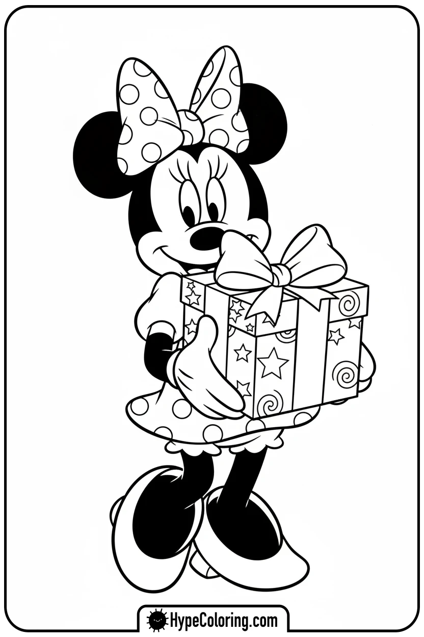 Click to download PDF minnie-mouse-holding-a-gift - minnie mouse printable coloring pages