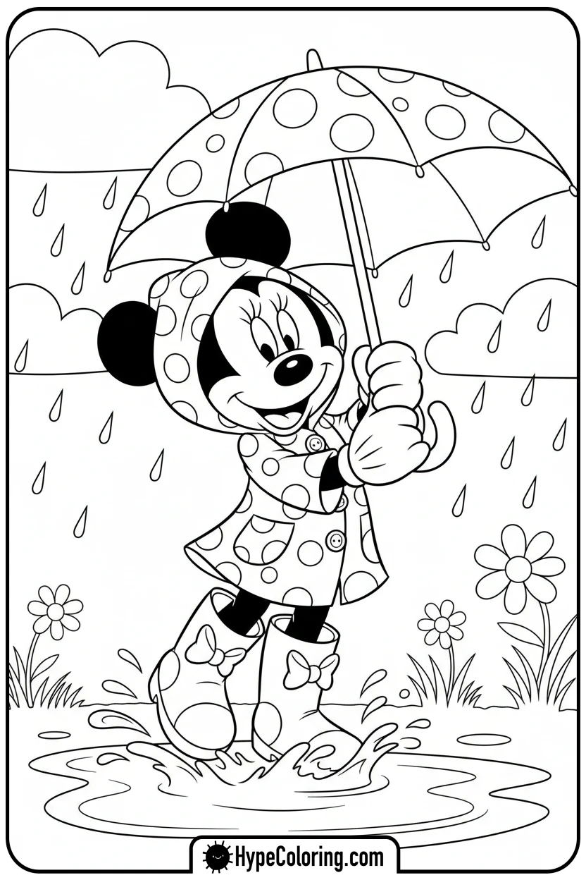 Click to download PDF minnie-mouse-splashing-in-puddle - minnie mouse printable coloring pages