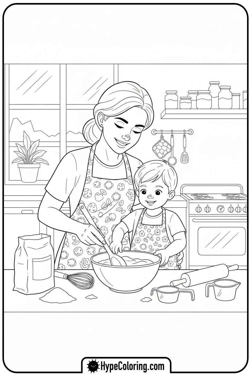 mom-and-child-baking - mom coloring pages