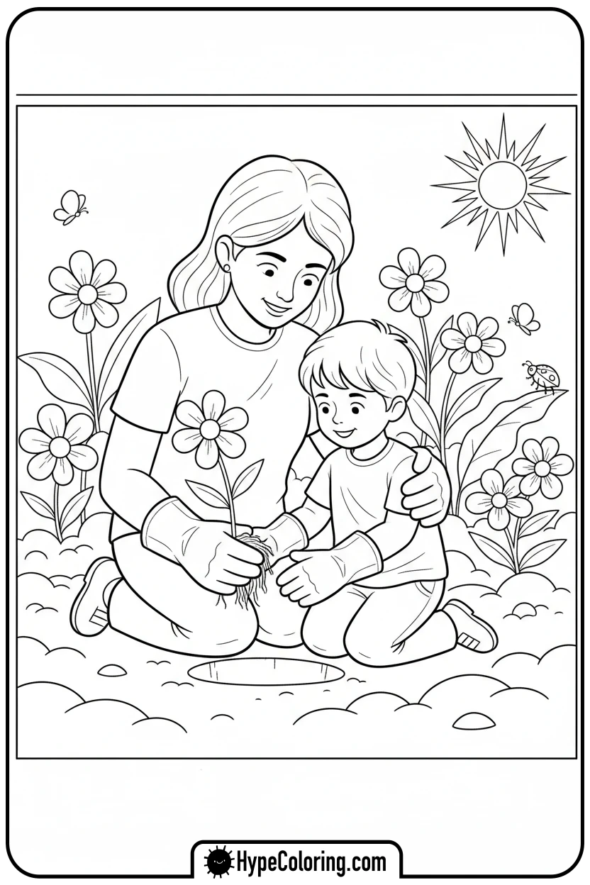 mom-gardening-with-child - mom coloring pages