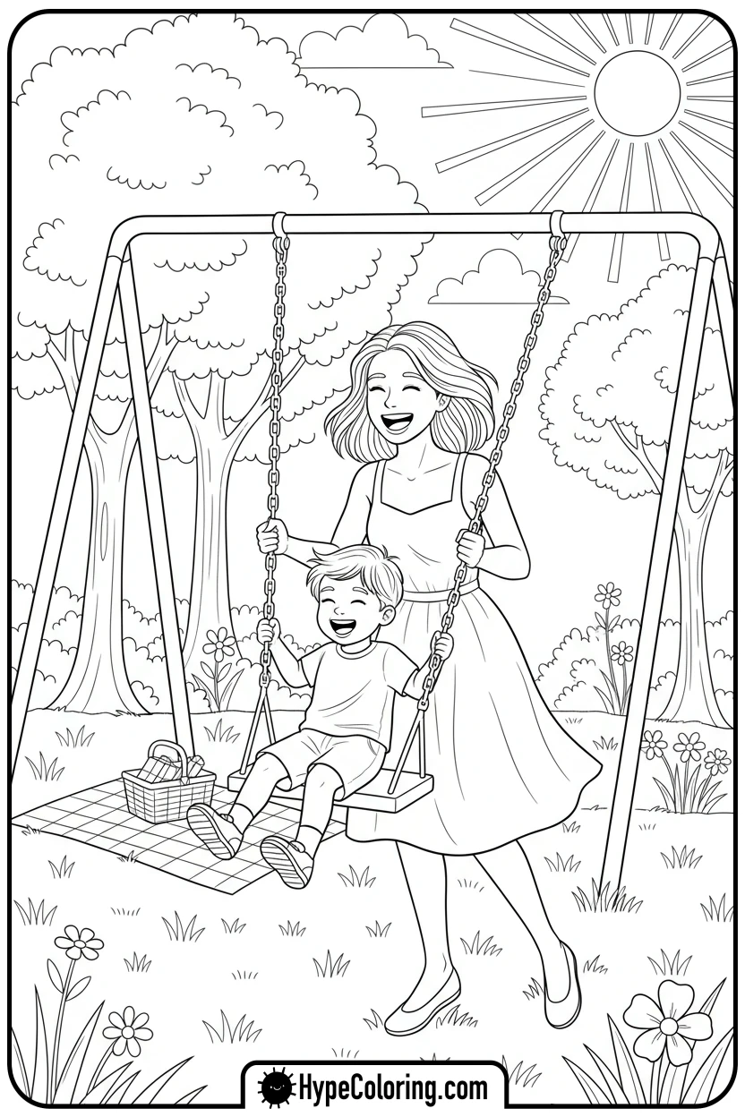 mom-pushing-child-on-swing - mom coloring pages