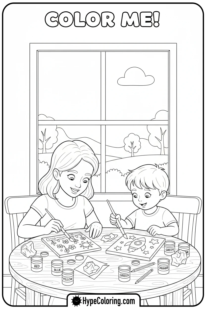 mom-and-child-painting - mom coloring pages