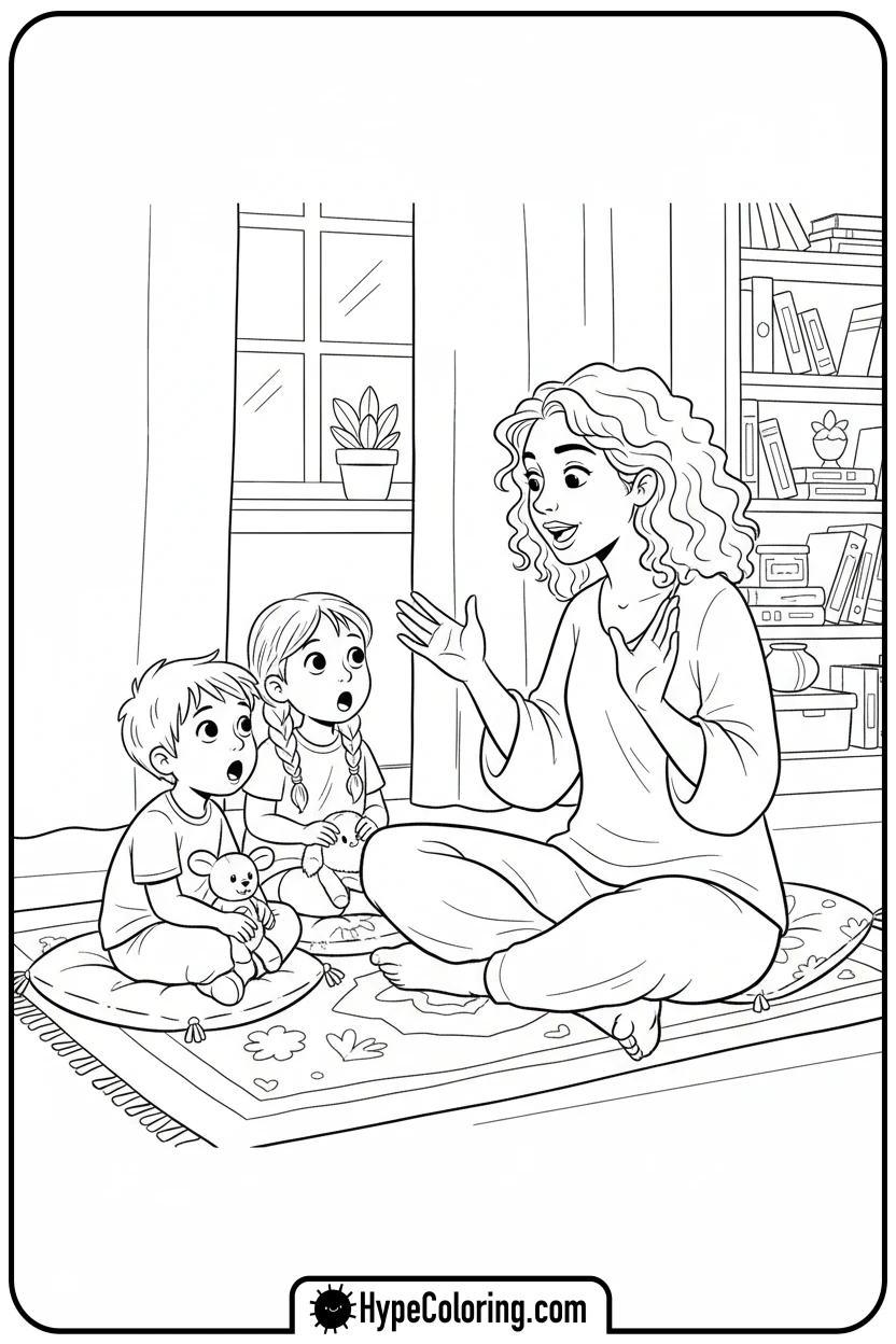 mom-telling-story-to-kids - mom coloring pages