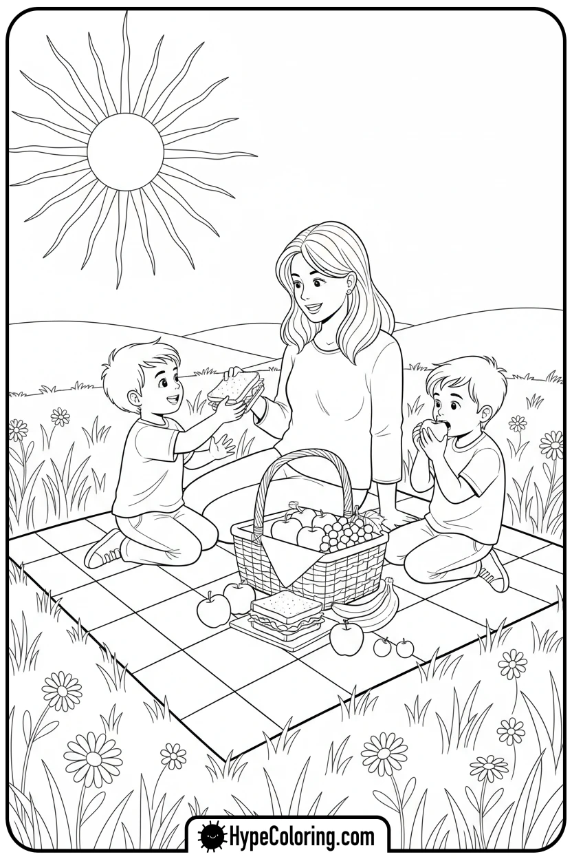 mom-and-kids-picnic - mom coloring pages