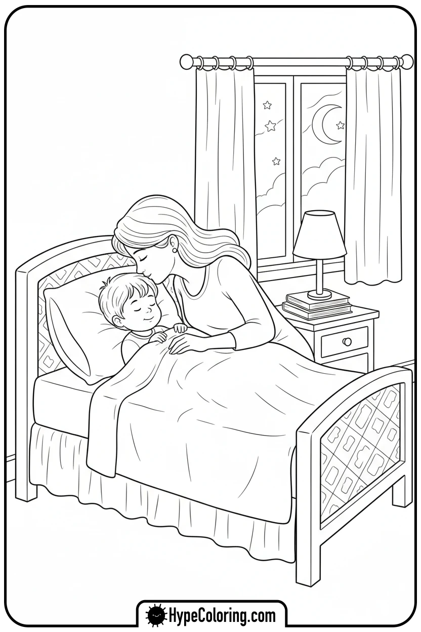 mom-tucking-child-into-bed - mom coloring pages