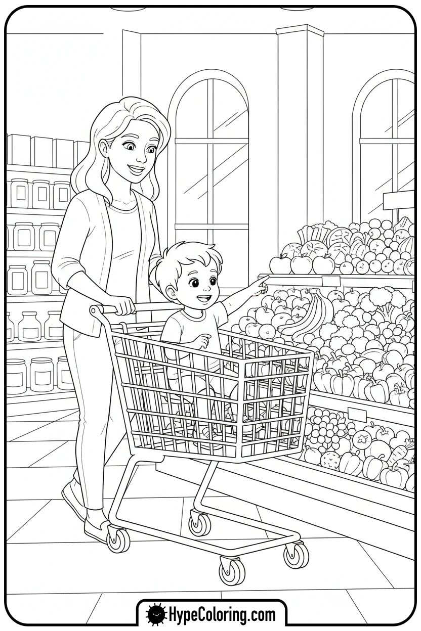 mom-and-child-grocery-shopping - mom coloring pages