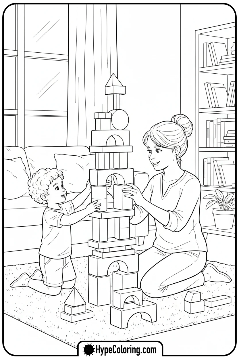 mom-and-child-building-blocks - mom coloring pages