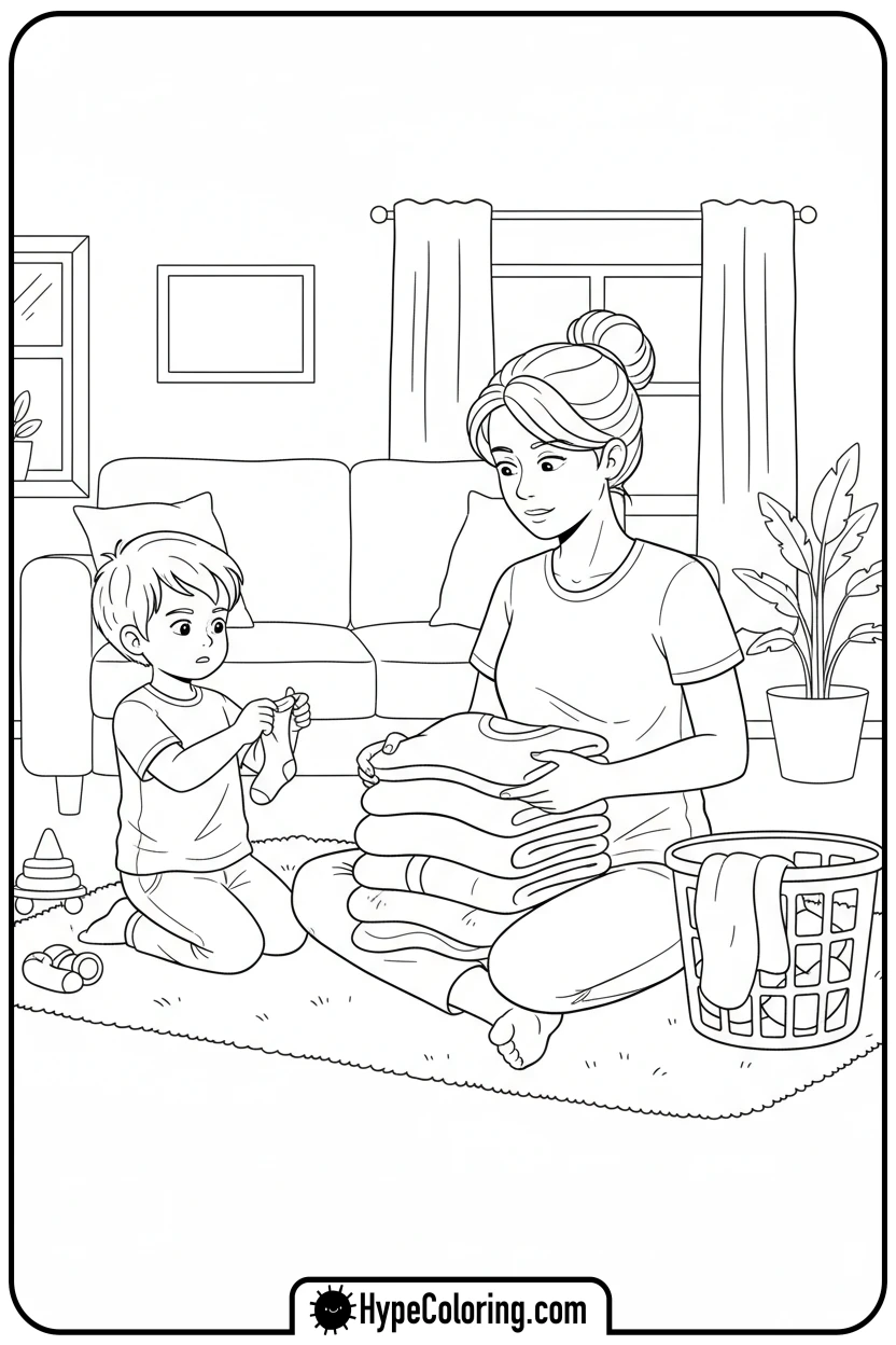 mom-and-child-doing-laundry - mom coloring pages