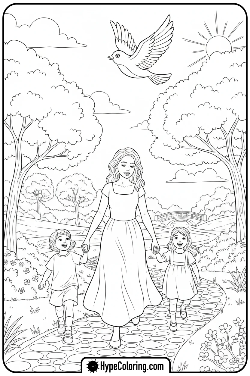 mom-and-kids-nature-walk - mom coloring pages