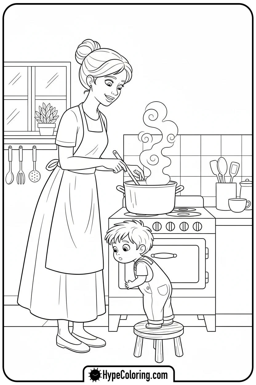 mom-cooking-with-child - mom coloring pages