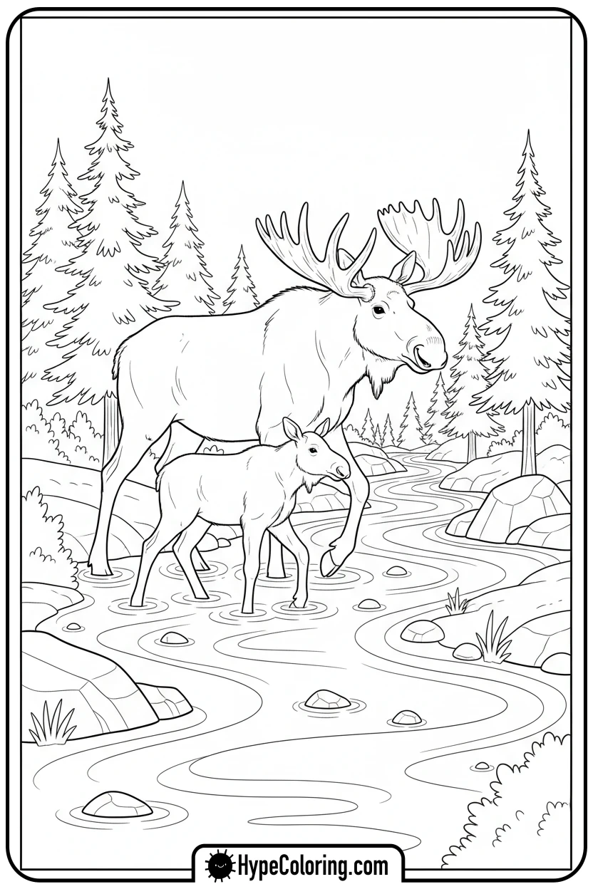 parent-and-calf-moose-in-stream - moose coloring pages