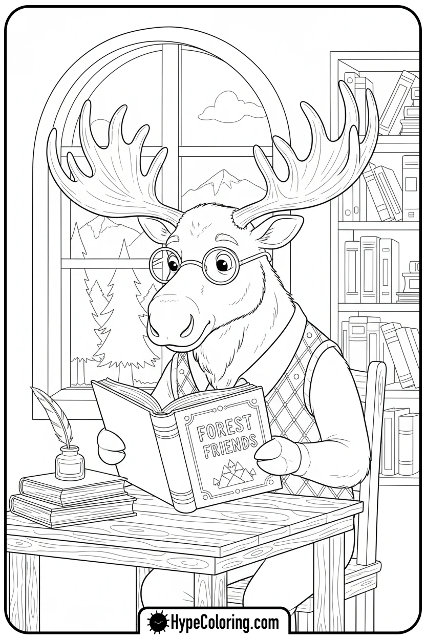 moose-reading-book - moose coloring pages