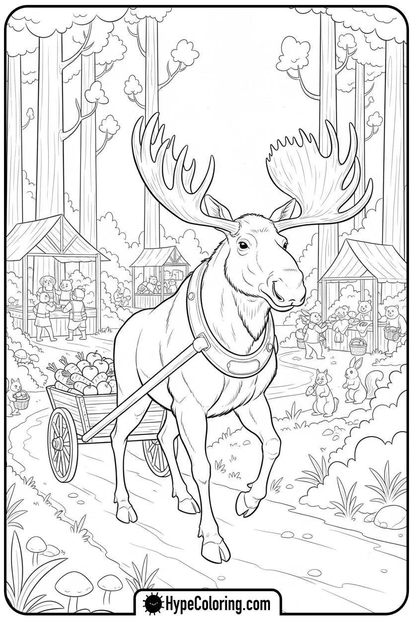 moose-pulling-apple-cart - moose coloring pages