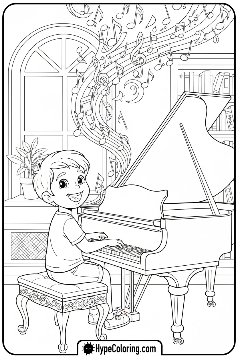 Click to download PDF child-playing-grand-piano - music coloring page