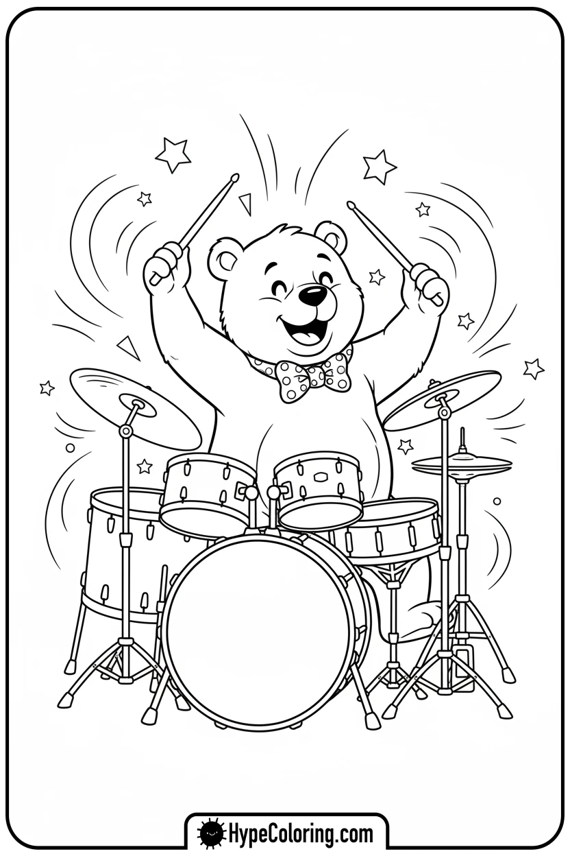 Click to download PDF cartoon-bear-playing-drums - music coloring page