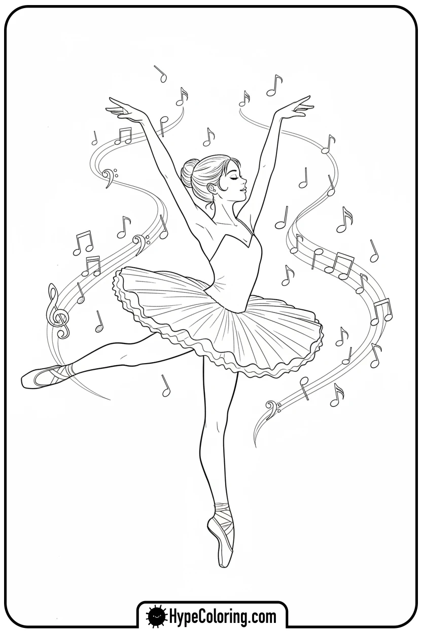 Click to download PDF ballerina-dancing-with-music-notes - music coloring page