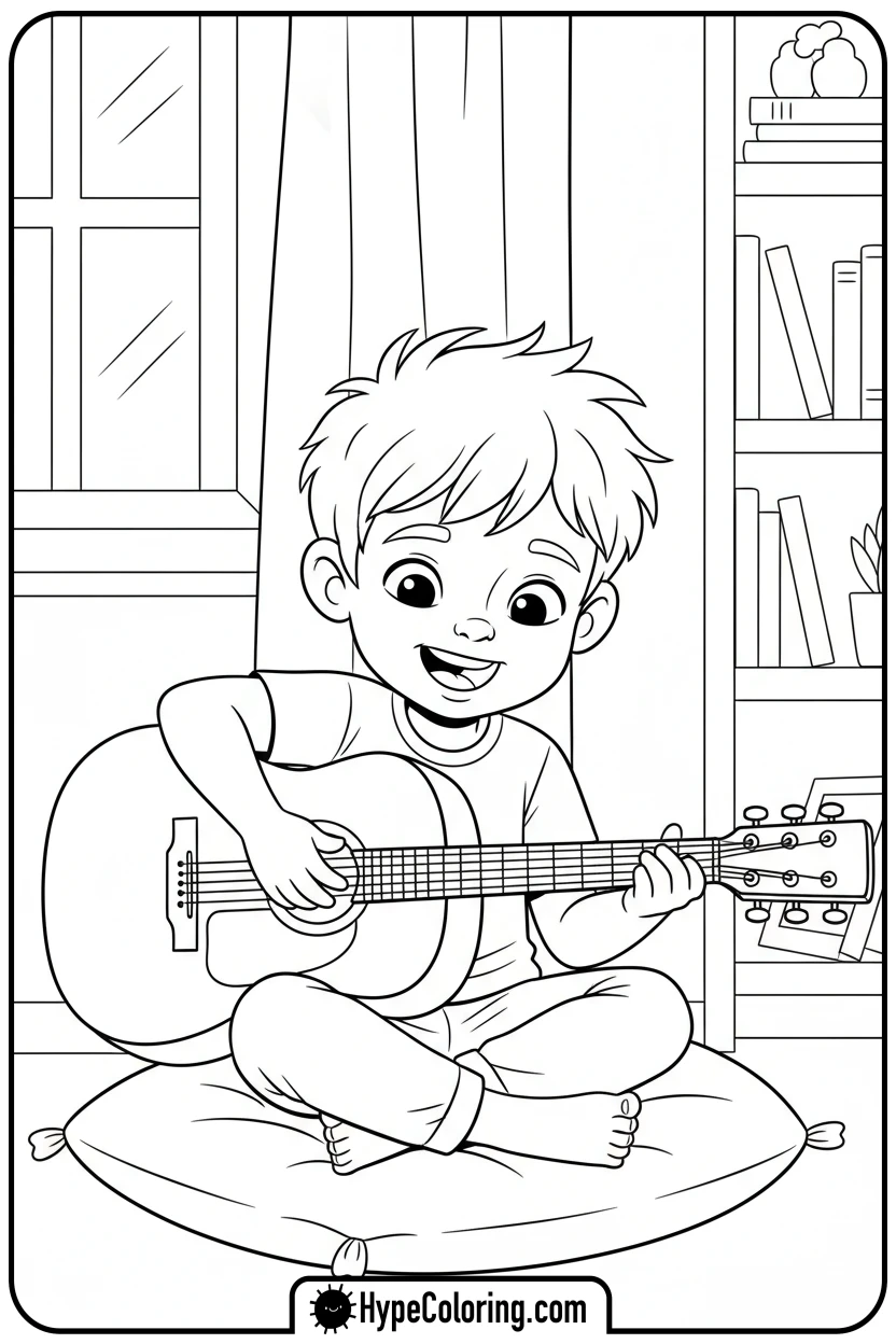 Click to download PDF boy-strumming-guitar - music coloring page